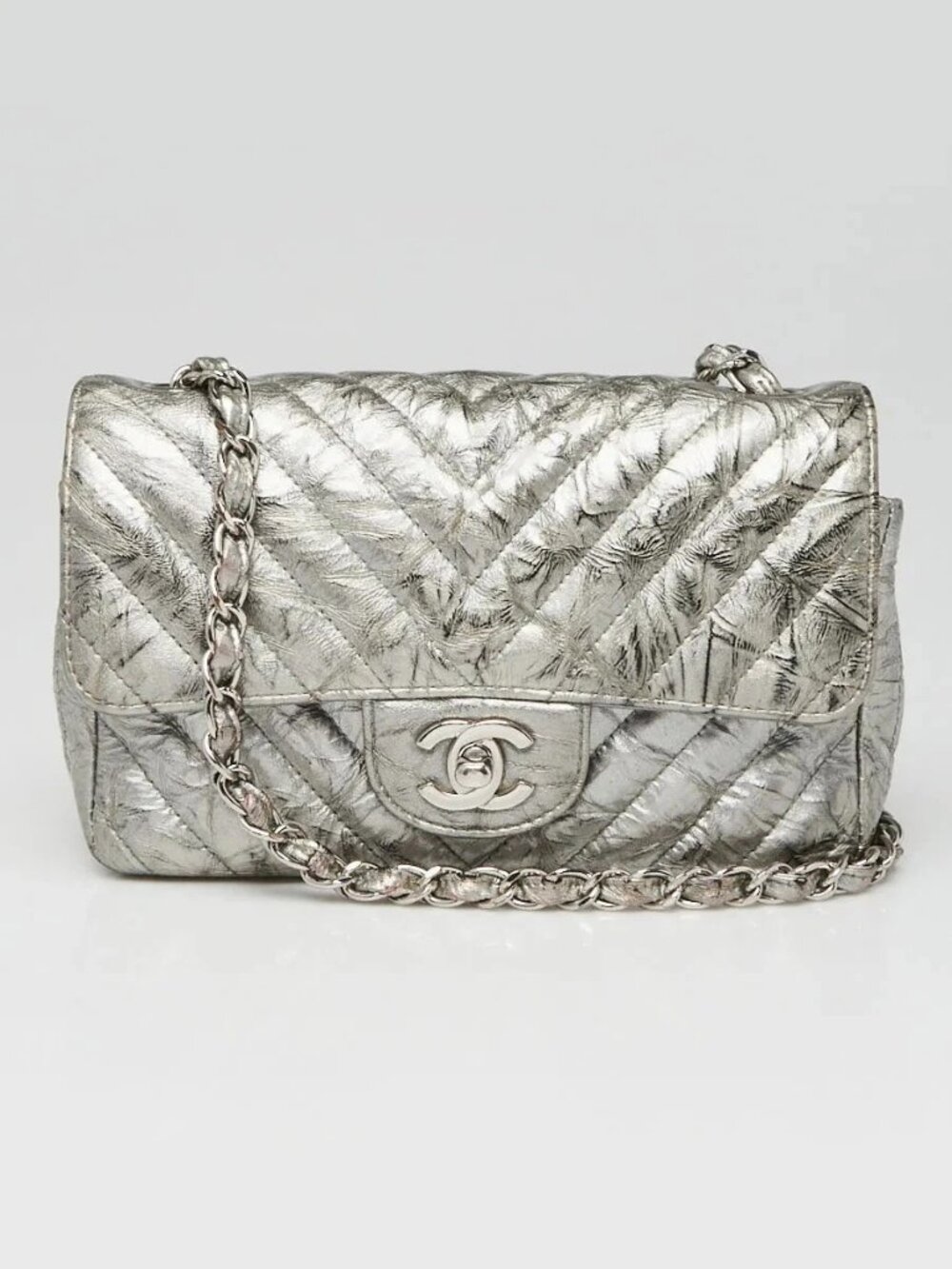 Chanel Silver Chevron Quilted Patent Leather Classic Rectangular Mini Flap Bag